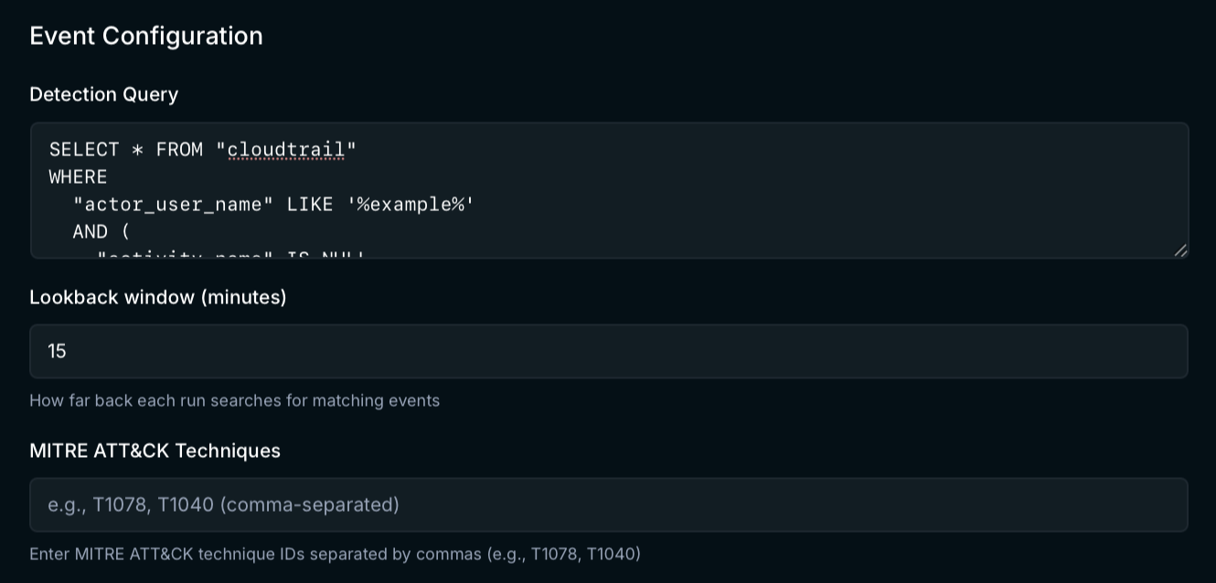 Event Configuration block of the edit dialog