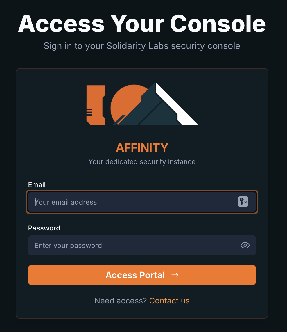 Affinity sign-in screen with Email and Password fields and the Access Portal button