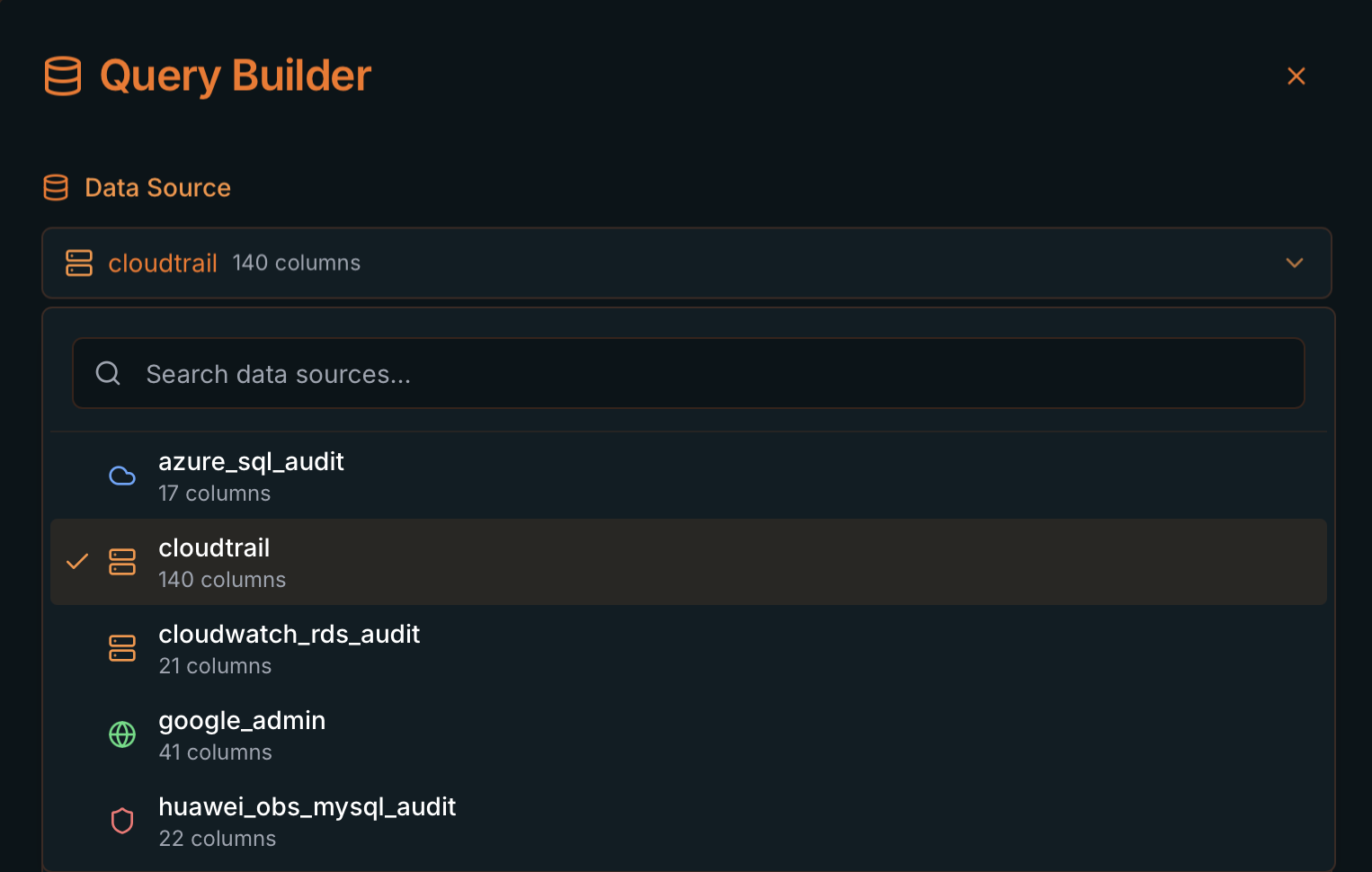 Data Source selector with cloudtrail, azure_sql_audit, cloudwatch_rds_audit, google_admin
