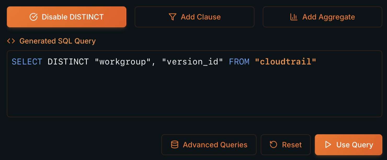 DISTINCT enabled generating SELECT DISTINCT workgroup, version_id