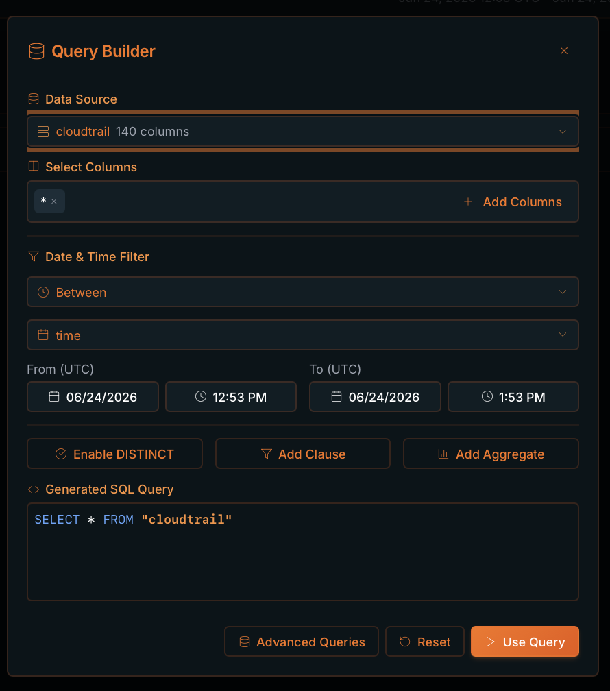 Full Query Builder modal with Data Source, Select Columns, Date & Time Filter and generated SQL