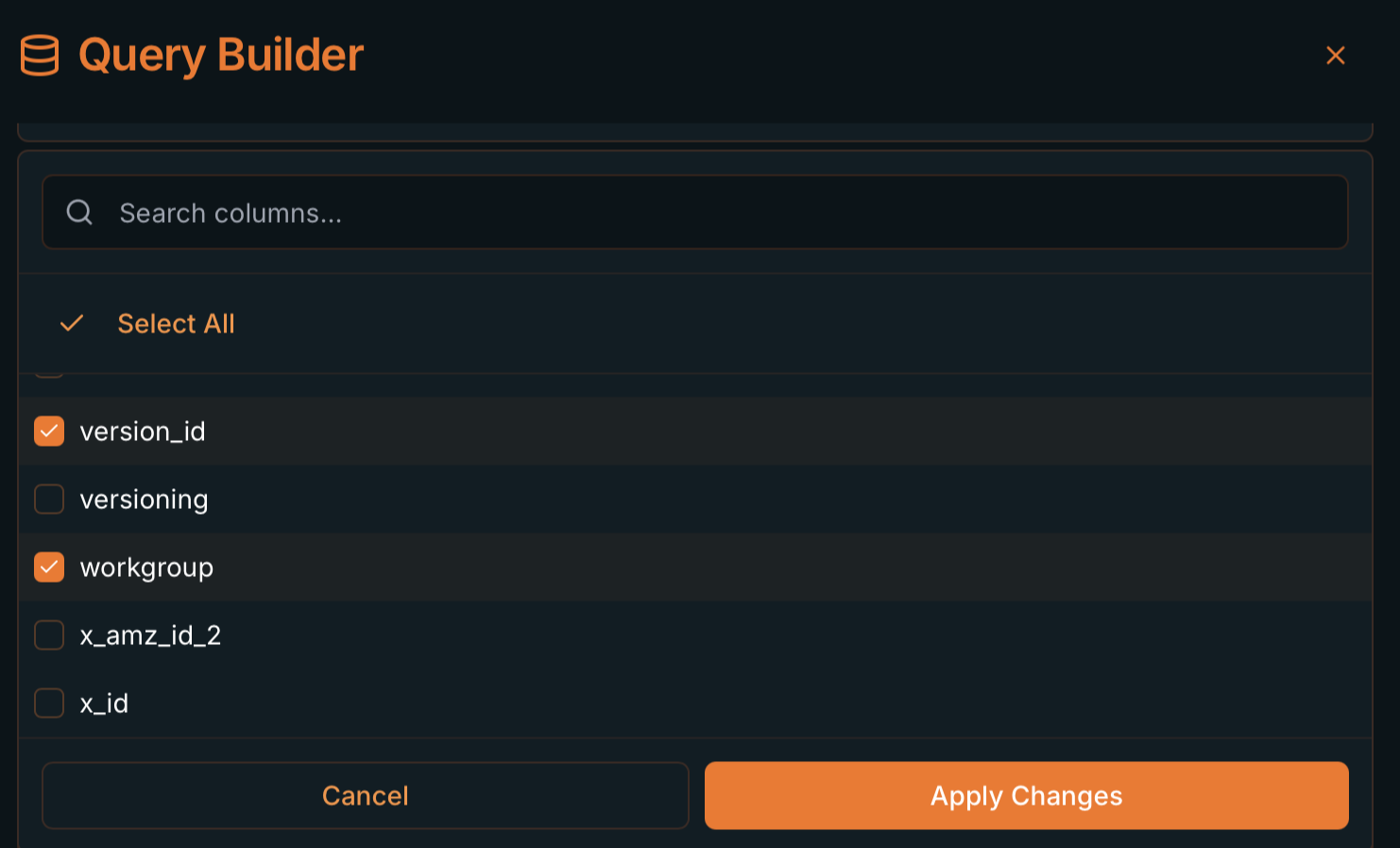 Query Builder column picker with search, Select All and Apply Changes