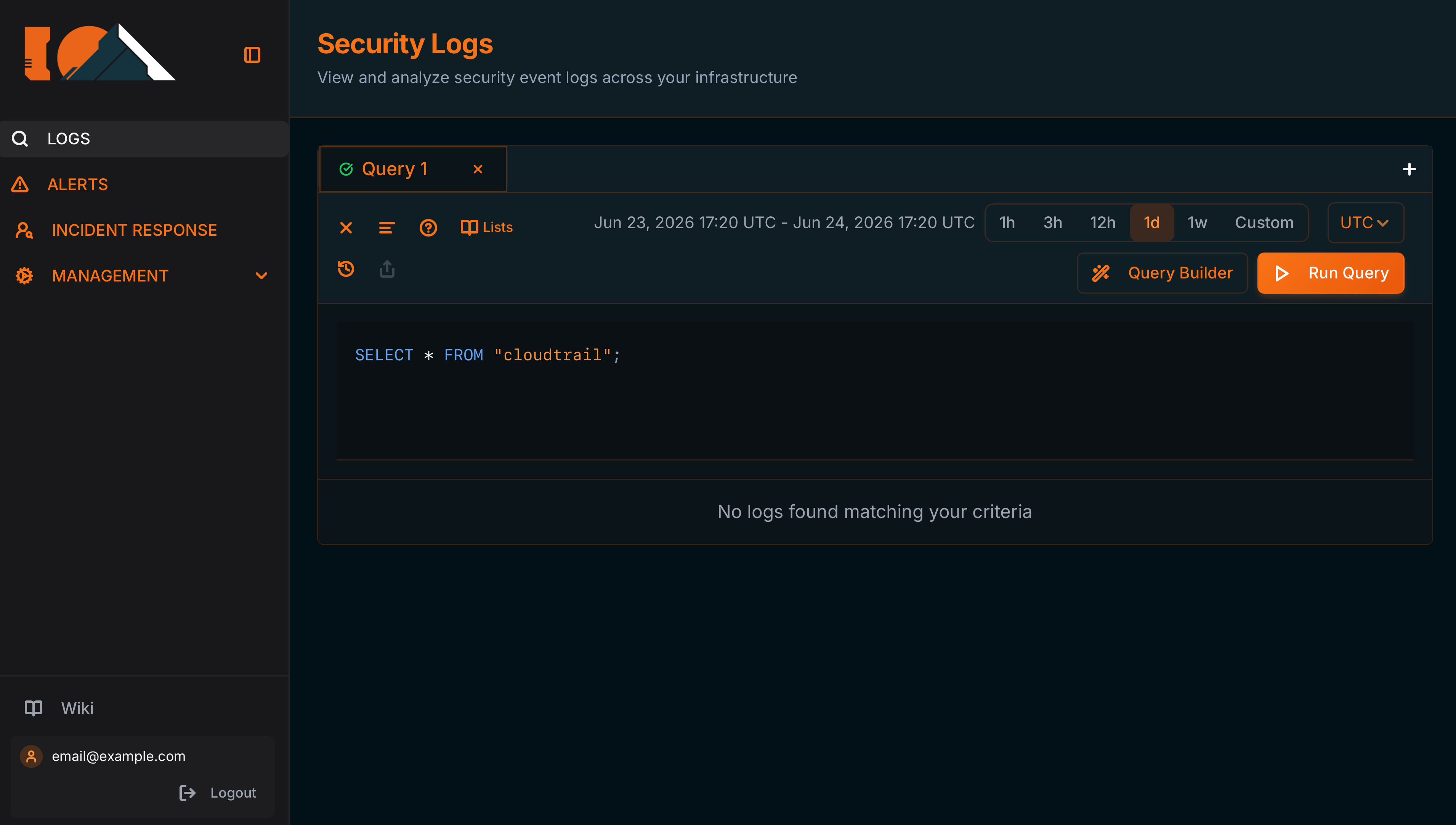 Security Logs page with sidebar and editor showing SELECT * FROM cloudtrail