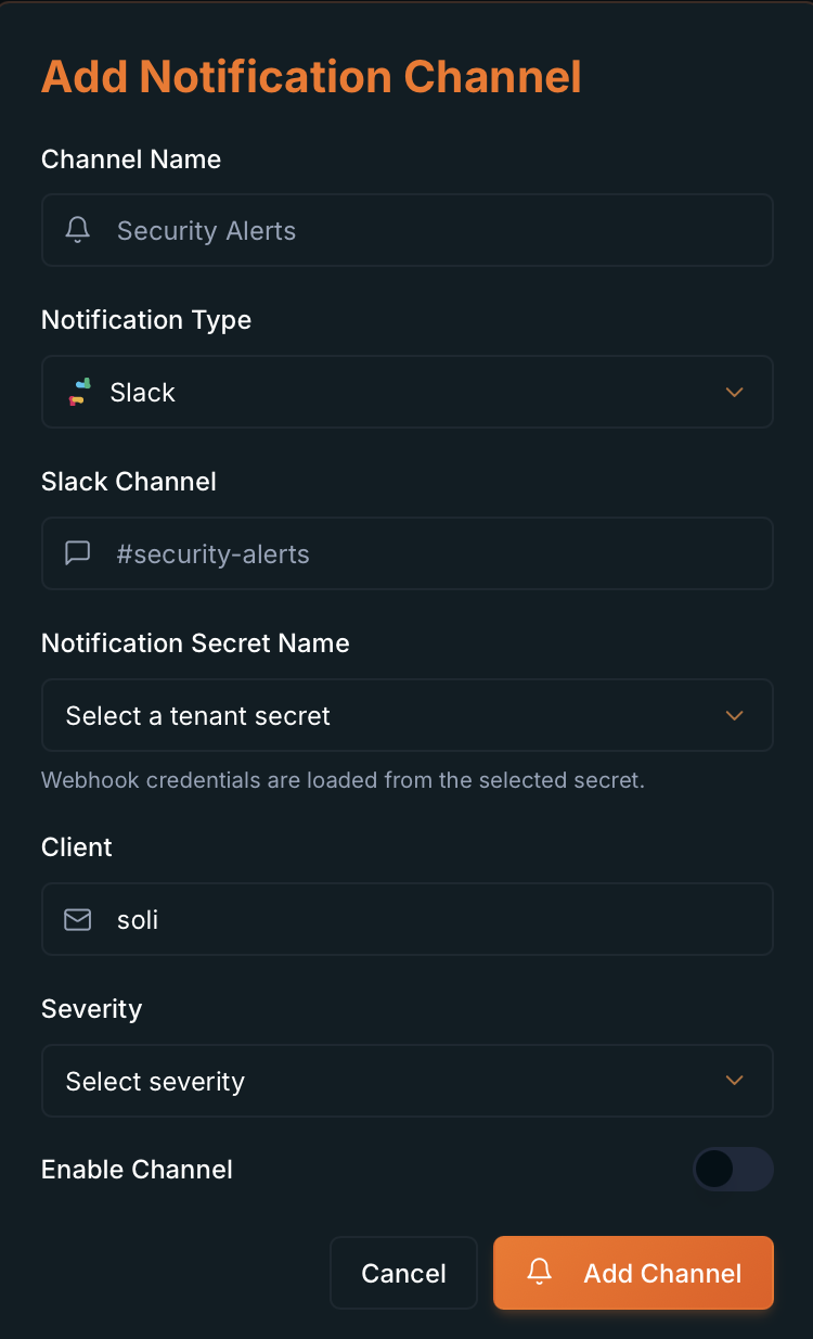 Add Notification Channel modal