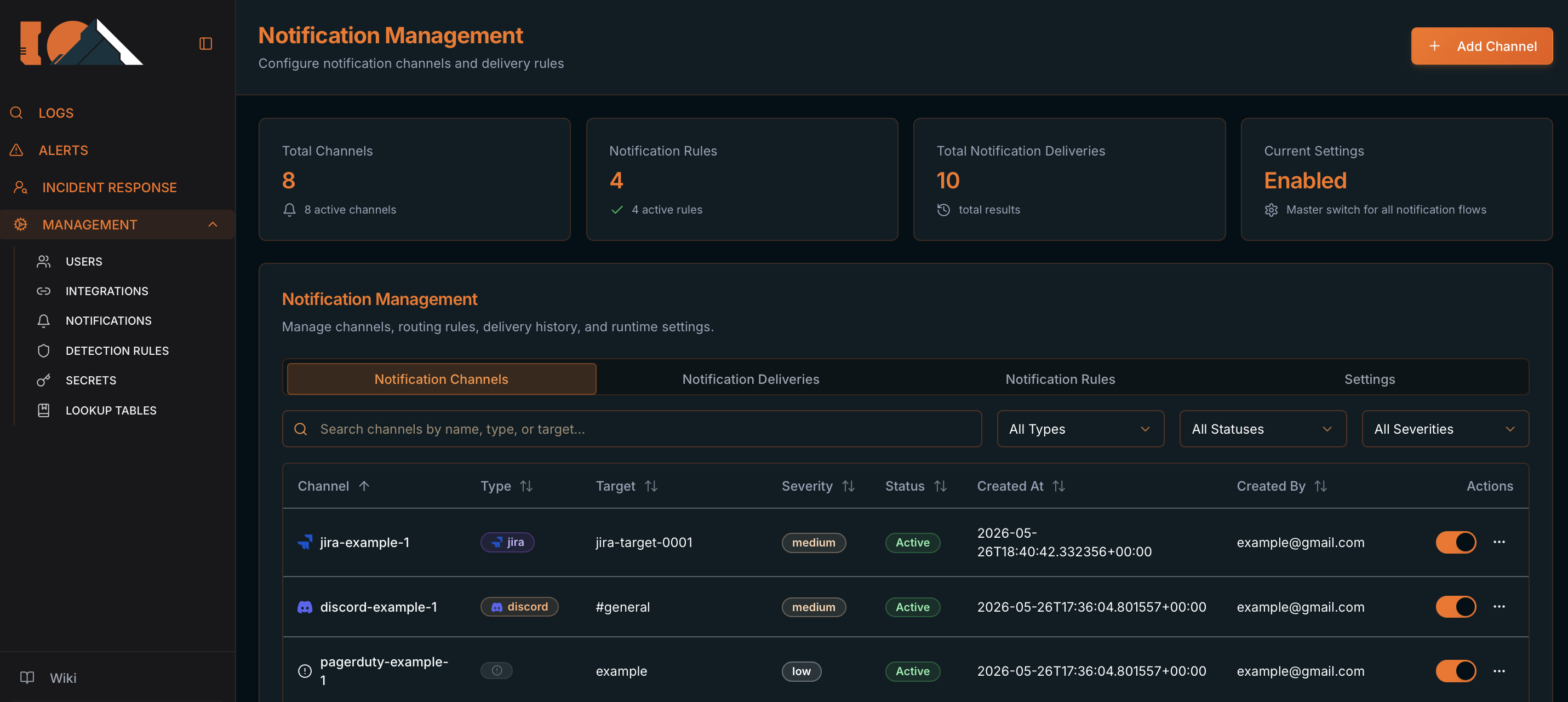 Notification Management screen